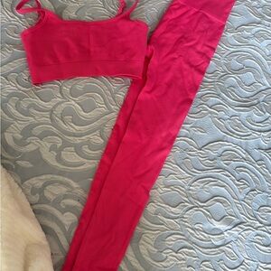 Pink Ribbed Crop Top and Leggings Set